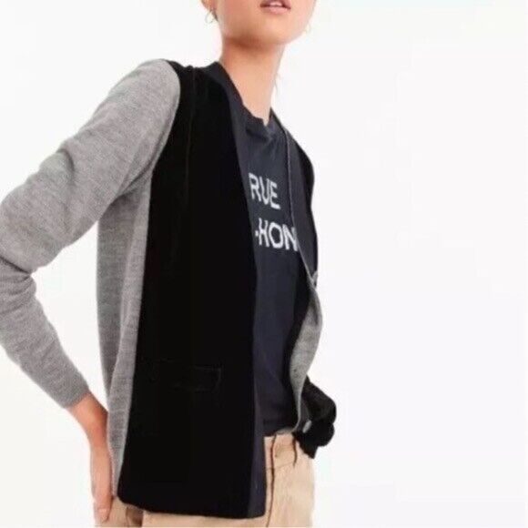 J Crew Cardigan Sweater Harlow Gray Black Merino Wool Velvet Button Front Sz XS - Picture 2 of 11